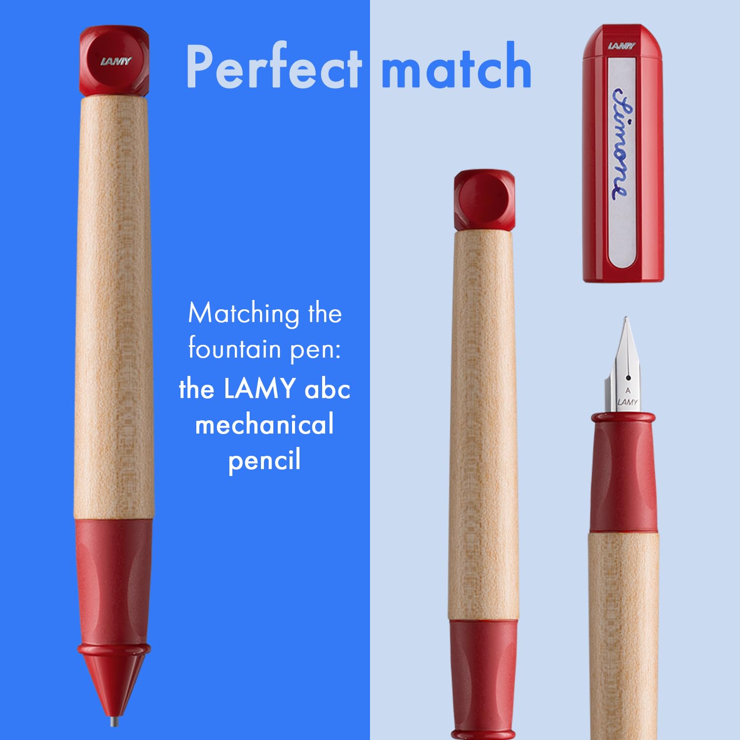 LAMY abc red - child-friendly Fountain Pen for writing beginners with ergonomic grip & polished steel nib in size A - robust maple wood - including LAMY T 10 blue ink cartridge - Right-Handed - Image 5